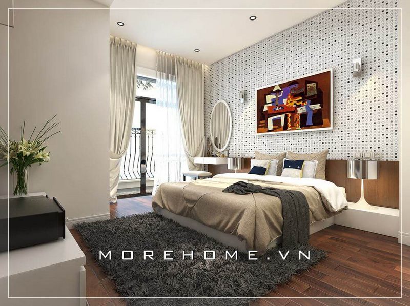 Giường ngủ chung cư màu trắng sang trọng, thiết kế với tab đầu giường hiện đại tạo cảm giác liền mạch và thanh lịch hơn